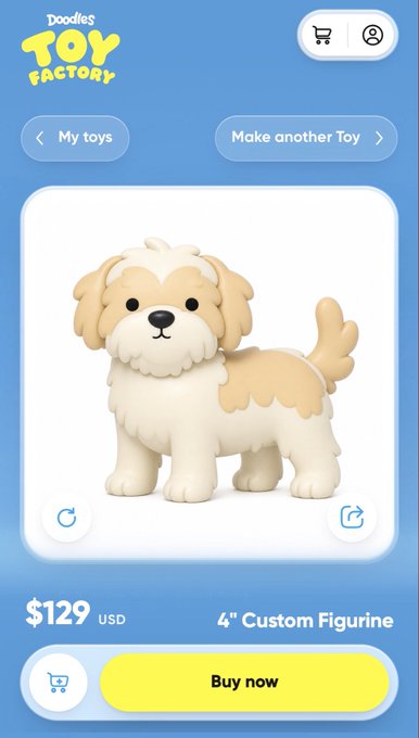 A mobile app screen for 'DoodleS Toy Factory' displays a 4-inch custom figurine of a cream and tan colored dog priced at $129 USD with a yellow 'Buy now' button.