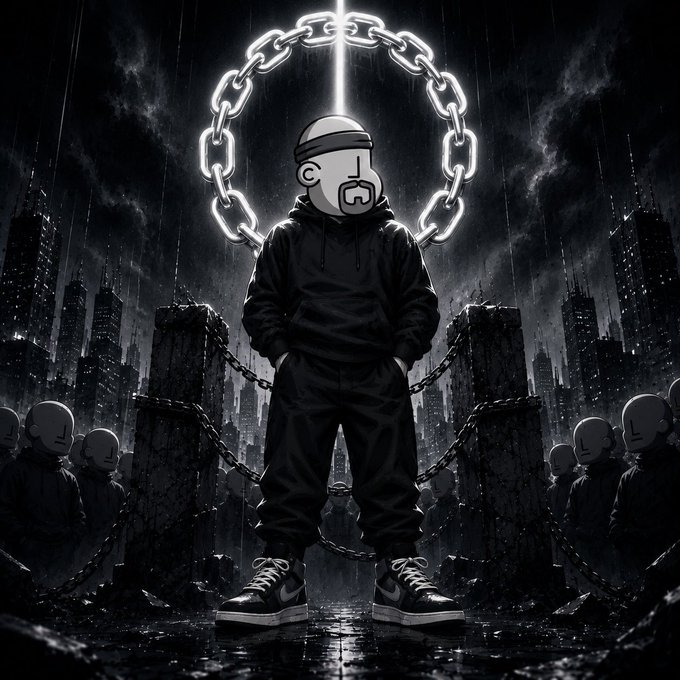 The caption for this image could be: "A determined NFT figure stands locked in with a neon chain around its head, symbolizing the strong entry of the powerful character into the digital universe. The accompanying post reflects the excitement for the upcoming season in collaboration with @npconchain and NFT artists, as it promises a new chapter in the adventures of the NFT character."