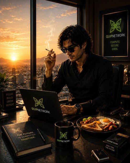 A stylized image of a man with dark curly hair and sunglasses smoking a cigarette while working on a laptop branded 'QUIPNETWORK'; the scene includes 'QUIPNETWORK - COMPUTE. SECURE. EARN.' signage, breakfast, and motivational books reading 'FOCUS BUILD GROW REPEAT' and 'THE FUTURE IS COMPUTED. TOGETHER.'