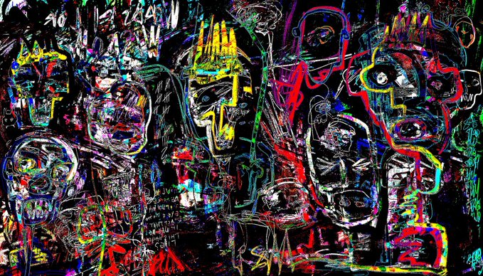 A vibrant, chaotic abstract digital artwork featuring neon-colored scribbles, skulls, and faces against a black background.
