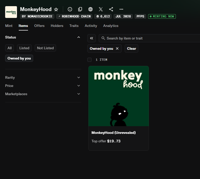 A NFT marketplace page showing a 'MonkeyHood' unrevealed NFT on Robinhood Chain by nomadicrookie, with a top offer of $19.73, currently minting now.
