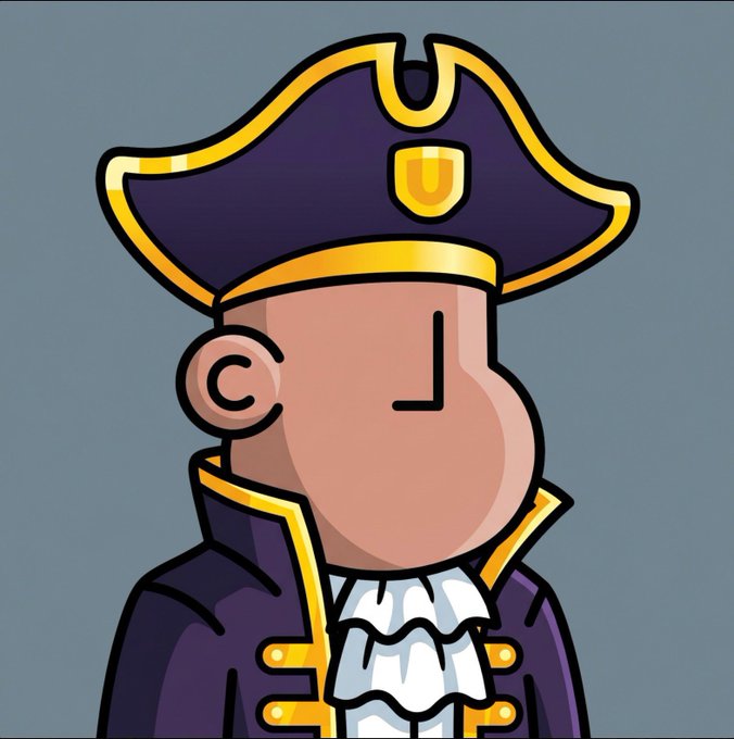 The image features a cartoon character wearing a purple hat with gold trim, standing against a gray background. The character appears to be a man dressed as a pirate or a historical figure from an earlier time period. The caption of the image reads "I AM NPC @npconchain", which is likely a reference to the NPC (Non-player characters) system in video games.