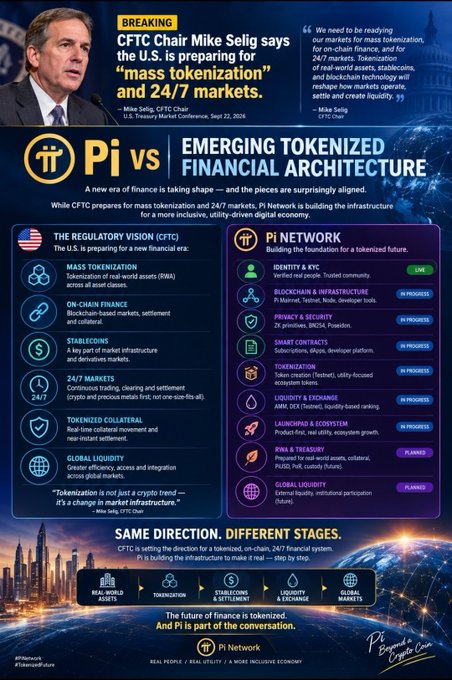 An infographic titled "Pi vs EMERGING TOKENIZED FINANCIAL ARCHITECTURE" featuring a quote from CFTC Chair Mike Selig and comparing regulatory vision with Pi Network's ecosystem across various categories.