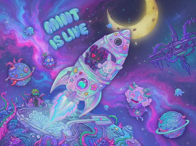 Colorful digital artwork depicting a whimsical space scene with a rocket ship, cartoon monsters, a crescent moon, and the text 'MINT IS LIVE' in bubble letters.