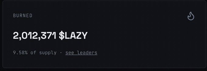 A dark interface panel showing 'BURNED' tokens totaling 2,012,371 $LAZY, representing 9.58% of supply.