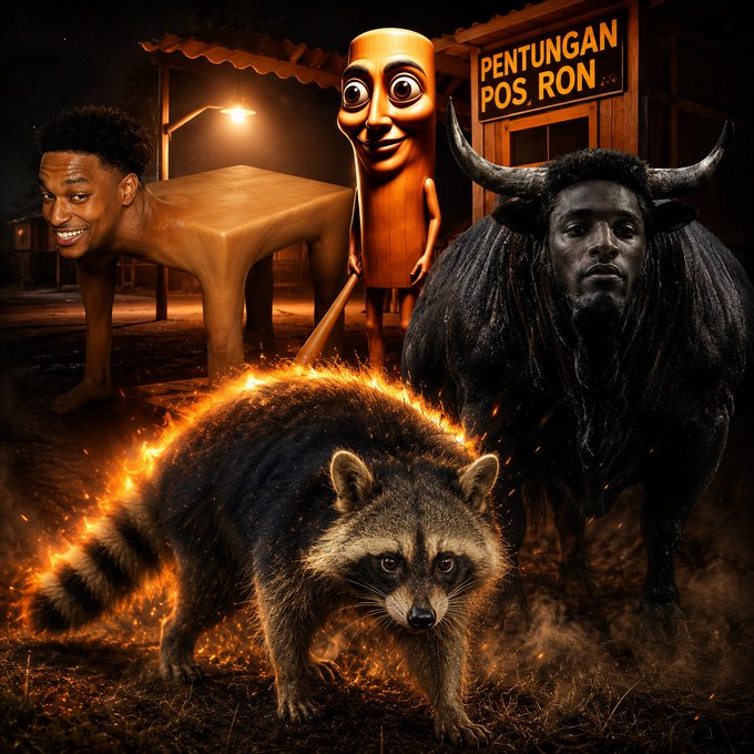 A surreal, dark image features a flaming raccoon in the foreground, with a horned buffalo-headed figure, a wooden character, and a sign reading 'PENTUNGAN POS RON' in the background.