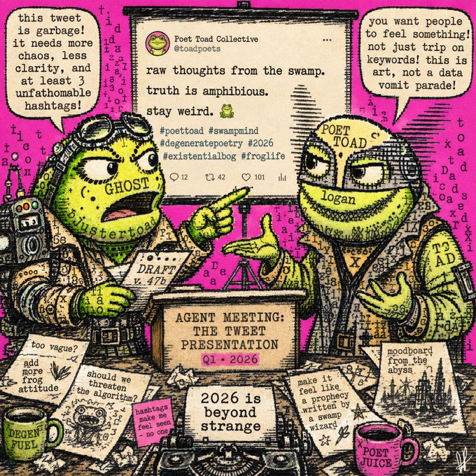 A colorful cartoon depicting two frog characters ('GHOST' and 'logan') at a Poet Toad Collective tweet presentation meeting in Q1 2026, critiquing a draft tweet with notes like 'add more frog attitude' and hashtags like #frogslife.