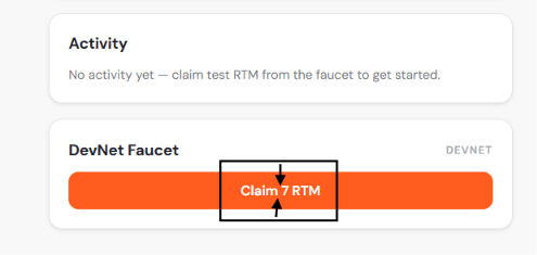 A screenshot shows a "DevNet Faucet" interface from Retium (labeled "RET") with a highlighted "Claim ?RTM" button, paired with an "Activity" section indicating no activity yet. The image illustrates the user's Day 20 Retium Testnet testing where they are exploring different parts of the ecosystem, in this case claiming test tokens from the faucet.