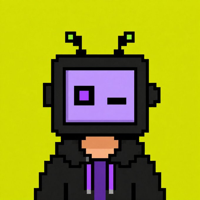 A pixel art depiction of a droid with a purple monitor-shaped head, antennas, and black hooded attire, set against a bright yellow background—matching the tweet's promotion of a 5,000-piece "rob" NFT collection minting on OpenSea.