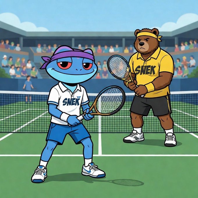 A cartoon illustration of a tennis match featuring a blue lizard character wearing 'SNEK' apparel playing doubles with a brown bear teammate, both on a tennis court with a crowd in the background.