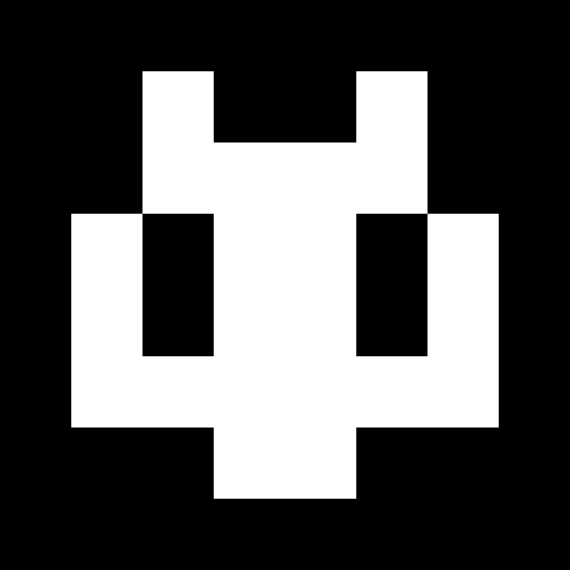 A pixelated white character resembling a space invader or alien figure on a solid black background.