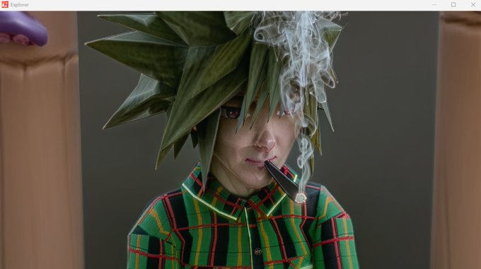 A surreal digital artwork displayed in a Windows Explorer window showing a person with spiky green anime-style hair, holding a smoking cigarette, wearing a red and green plaid shirt.