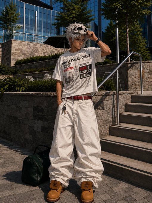 A cosplayer with white spiky hair and sunglasses posing on stone steps, wearing an oversized newspaper-print t-shirt reading 'HOMELESSNESS CRISIS' with 'SQUAT' and 'SOLUTION' headlines, baggy white pants, and tan work boots.