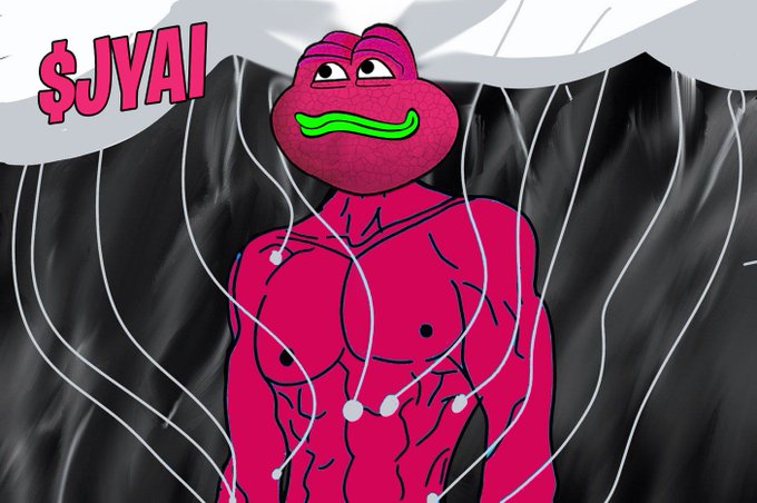 A pink cartoon frog character with a green smile floats attached to strings against a cloudy background, with the text '$JYAI' in the corner.