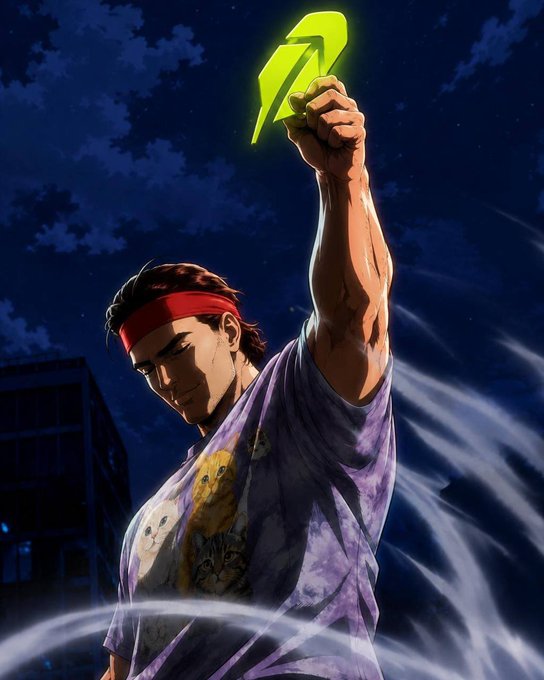 A man with a red headband triumphantly holds up a glowing green upward arrow above his head, with the arrow symbolizing the explosive +420,000% surge in GameStop's ($GME) market cap described in the accompanying post about the stock's parabolic rally.