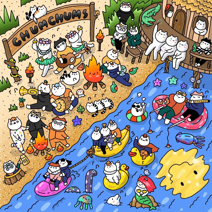 A vibrant cartoon illustration titled 'CHUMCHUMS' depicts various cute cat characters enjoying a beach festival with musical performances, campfires, inflatable floats in the water, and various sea creatures.