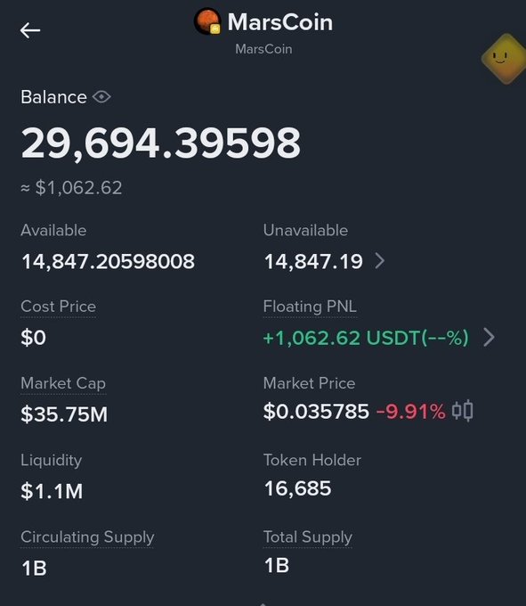 A cryptocurrency wallet screen displaying a MarsCoin balance of 29,694.39598 tokens valued at approximately $1,062.62, with a market price of $0.035785 showing a -9.91% decline.