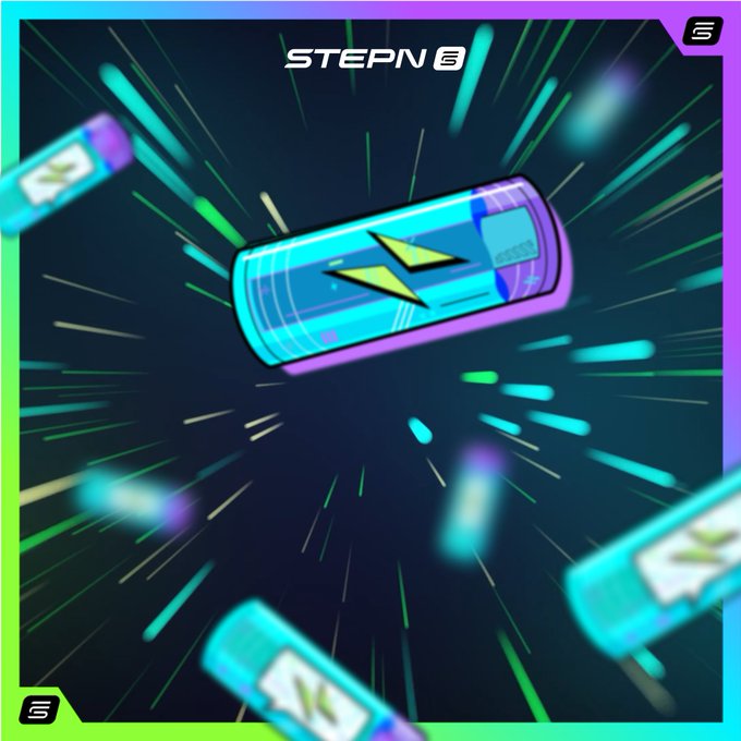 The image features a graphic design with a blue battery surrounded by green and purple lines, giving the impression that the battery is being charged or powered up. The background of the image has a black and white color scheme, which contrasts with the vibrant colors of the battery. The text "StepN" can be seen in the image as well. The caption reads: "Since FSL announced in November 2025 that it would focus on STEPN and STEPN GO, this is the first time an entirely new feature has been revealed", indicating a connection between the design elements and the post's title.