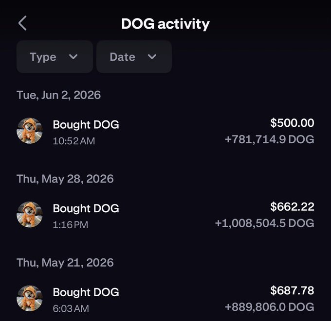 The image shows a screenshot of three invoices for dogs being paid for by someone named $DOG army, which has recently purchased items from a shop. The first invoice says that they bought DOG from $DOG army on May 2, 2026 at 10:55 am. The other two invoices show how much they were paid and the dates of purchase (May 28, 2026 and May 29, 2026).