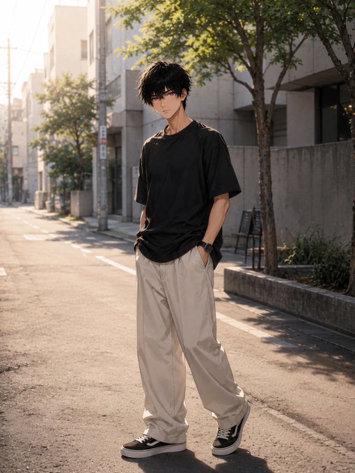 An anime-style illustration of a young man with dark hair wearing a black t-shirt, beige cargo pants, and black and white sneakers, standing on a sunlit street.