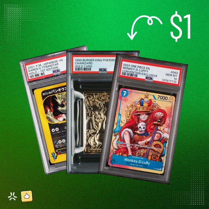 Three PSA-graded trading cards—a 2001 Pokémon Japanese Tyranitar Holo, a 1999 Burger King Pokémon Gold Card Charizard, and a 2024 One Piece "Monkey.D.Luffy" Convention Exclusive—are shown with a "$1" graphic, illustrating the low-cost collectibles available through the DYLI Badge Fair Drop on Abstract Chain, where over $15,000 in rare items are up for grabs with 72 hours remaining.