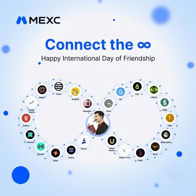 MEXC promotional graphic reading 'Connect the ∞' for 'Happy International Day of Friendships,' featuring a network of crypto token logos including Sui, Kaia, USDD, USDT, Ondo, Notrelayer, DogOS, Aptos, Coppet, Hacken, eStox, Spark, Solana, Pharos, United States, Origami Tech, Chillz, WLFI, and Blockworks.