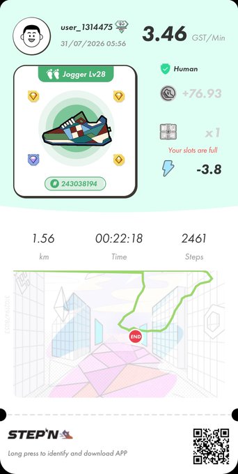 A STEP'N app activity card shows a jogger sneaker NFT at Lv28 with stats including 1.56 km, 00:22:18 time, 2461 steps, and an earning rate of 3.46 GST/Min.