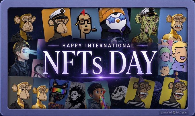 A "Happy International NFTs Day" graphic with the text "powered by rogue" displayed below, featuring a collage of various NFT character images including Bored Apes, CryptoPunks, and other popular collectibles, which illustrates the post's request for users to tag their favorite NFTs in celebration of the holiday.