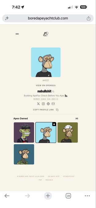 A mobile screenshot of the boredapeyachtclub.com website showing NFT ape profile #4521 owned by 'nobubishit' and a collection of four owned apes.