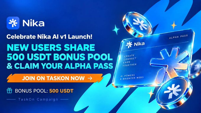 A promotional banner for Nika AI v1 announcing a 500 USDT bonus pool for new users on TaskOn, featuring an "ALPHA PASS" card with the tagline "AI POWERS A BRIGHTER WEB" and a call-to-action button directing users to join the campaign running until September 15.