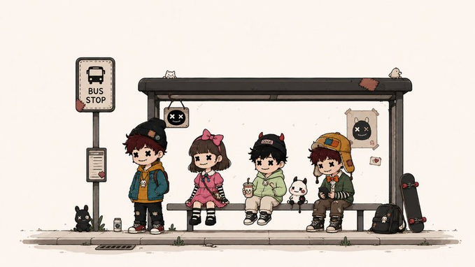 The image features a group of children sitting at a bus stop, waiting for their ride. There are five kids in total, with one child wearing a hat and another holding a skateboard. The scene includes a bench where they sit, as well as a sign on the sidewalk that reads "30X DOLLZ GTD WL GIVEAWAY To Enter: - Follow @Dollz_nft & @Johnjassper - Like & Retweet - Drop evm wallet and tag 2 friends Ends in 24hrs." The children are sitting on a bench, which is located near the bus stop.