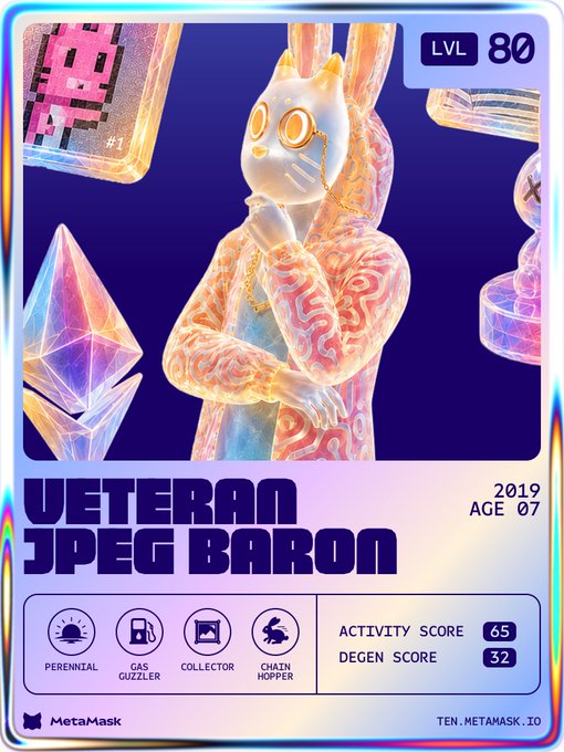 A trading card titled "VETERAN JPEG BARON" depicting a holographic cat-like figure with a monocle, showing stats like "LVL 80", "Activity Score 65", and "Degen Score 32", branded with MetaMask.