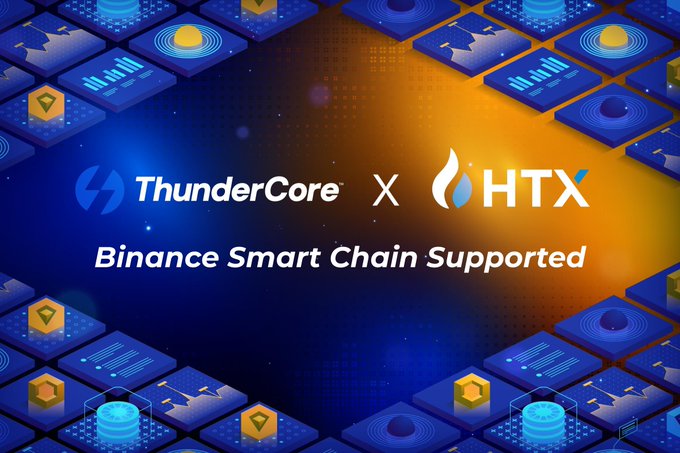 A promotional graphic announcing a partnership between ThunderCore and HTX, featuring both company logos and the text 'Binance Smart Chain Supported' against a blue and orange tech-themed background.