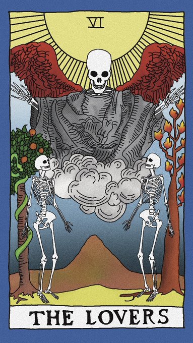 A tarot card titled 'THE LOVERS' (VI) depicting a skull angel with red wings above two skeletons standing before trees and a cloud, in a stylized illustration.
