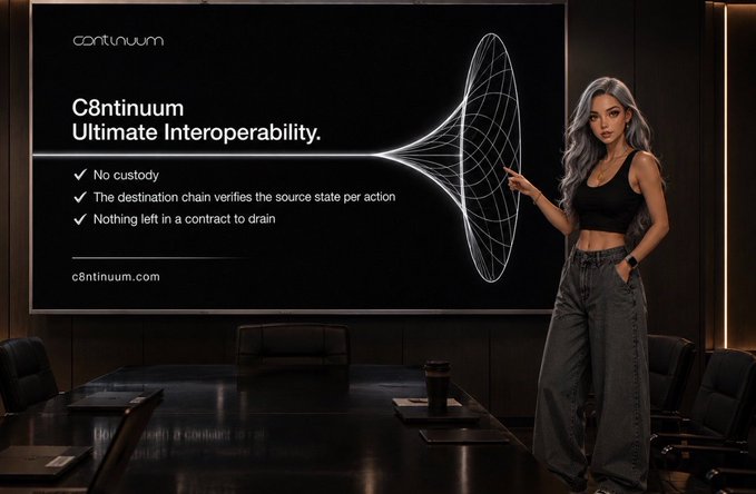 A woman with long gray hair wearing a black crop top and dark pants standing in a conference room next to a large screen displaying 'C8ntinuum Ultimate Interoperability' with features like 'No custody' and 'No nothing left in a contract to drain'.