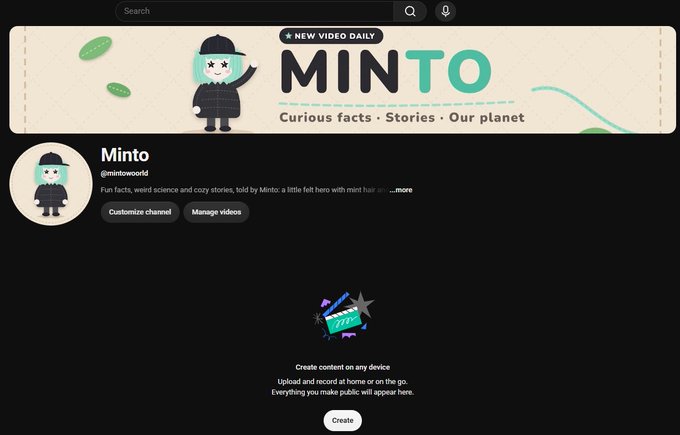 A YouTube channel page for 'Minto' (@mintoworld) with the tagline 'Curious facts · Stories · Our planet' and a banner showing 'NEW VIDEO DAILY MINTO'.