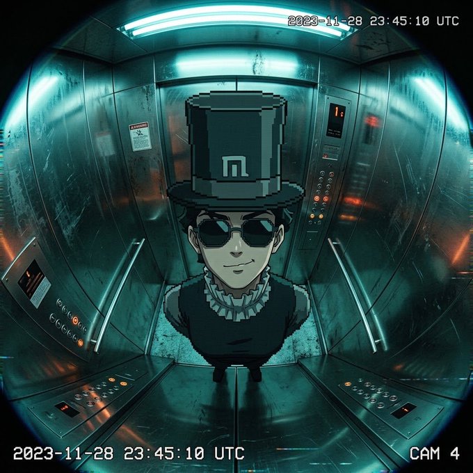 An illustrated character wearing a pixelated top hat and sunglasses stands inside an elevator, captured by a security camera with a fisheye lens, timestamped 2023-11-28 23:45:10 UTC, CAM 4.