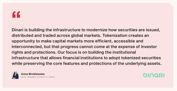 Quote graphic from Dinari with a quote from Anna Wroblewska, Chief Business Officer, explaining Dinari's mission to modernize securities issuance and trading through tokenization while preserving investor protections.