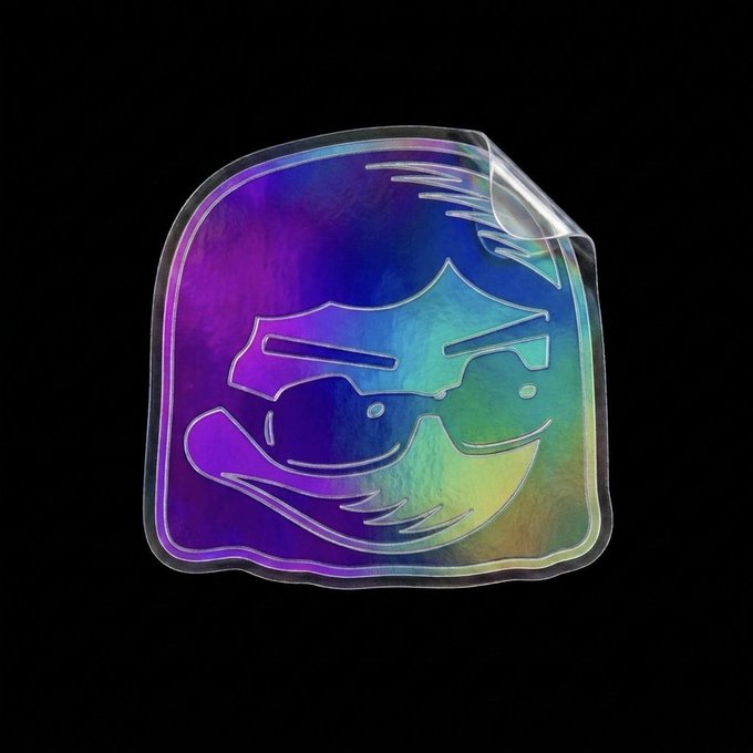 A holographic sticker depicting a cartoonish face with a sneer, peeled slightly at the top right corner against a black background.