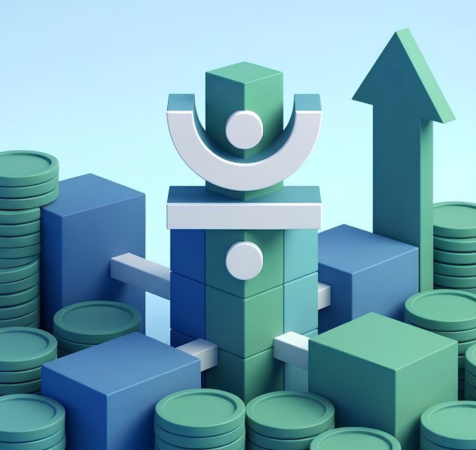 A 3D rendered illustration features a stylized geometric character with an antenna-like head standing among stacks of teal and blue coins, with a large green upward arrow in the background.