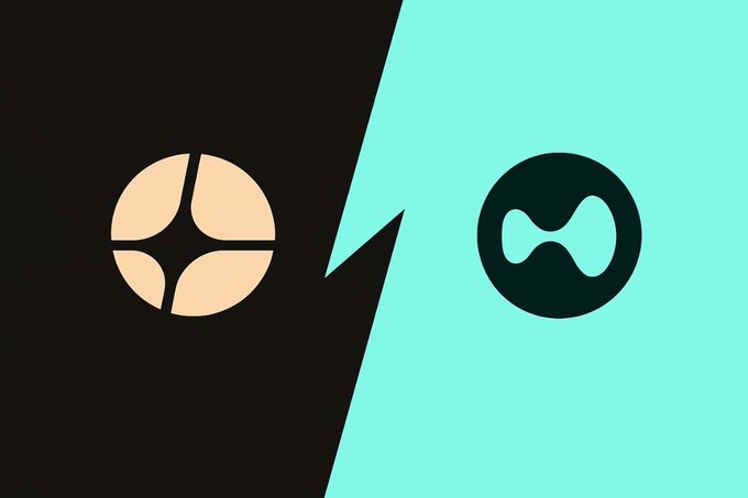 The image shows a split-screen graphic with a tan circular logo on a black background on the left and a dark teal token symbol on a mint green background on the right, separated by a lightning bolt — visually representing a comparison between ASTER and HYPE (Hyperliquid) token burn mechanisms.