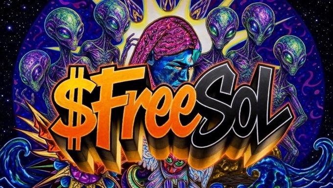 Colorful, psychedelic artwork featuring green aliens surrounding a central figure with a pink brain-like head, overlaid with large graffiti-style text reading '$FreeSol'.