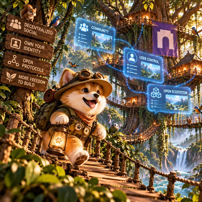 A whimsical illustration of an explorer corgi dog in a forest treehouse village, with wooden planks reading 'Decentralized Social,' 'Own Your Identity,' 'Open Protocols,' and 'More Freedom to Build,' alongside holographic UI panels for Community, User Control, and Open Ecosystem.