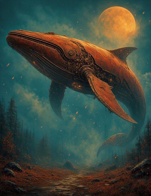 A colossal, steampunk-style mechanical whale soars through a twilight sky illuminated by a large orange moon, hovering above a misty forest path scattered with glowing embers. The image's fantasy sci-fi aesthetic gives the traditional "whale" a surreal, otherworldly twist.