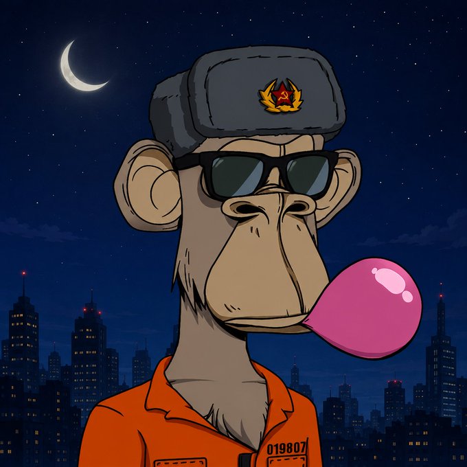 A digital illustration of a cartoon monkey wearing a Russian ushanka hat with a hammer and sickle emblem, sunglasses, and an orange prison-style uniform (number 019807), blowing a pink bubble gum bubble against a nighttime cityscape.