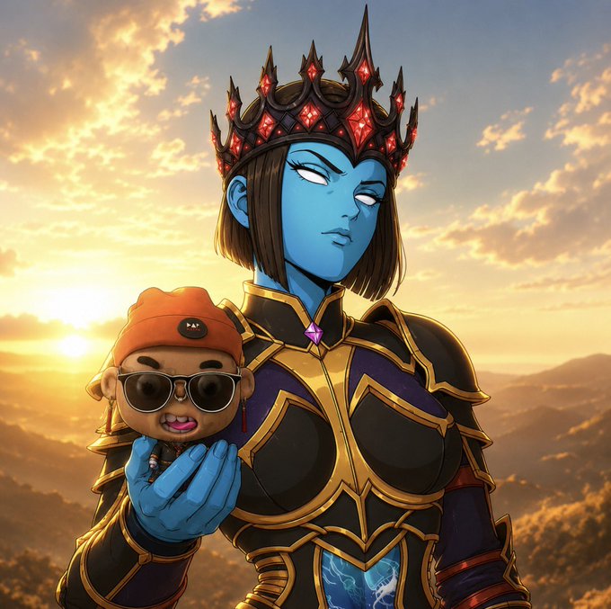 A digital illustration shows a blue-skinned female warrior in ornate gold and dark armor with a red crown, holding up a small cartoon character wearing sunglasses and an orange beanie.