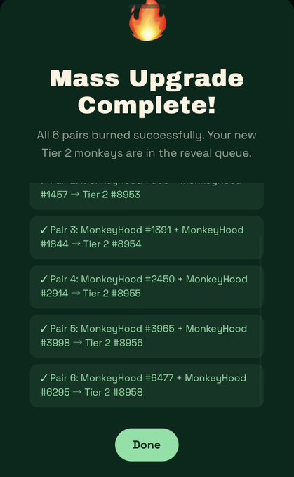 Mobile app screen titled 'Mass Upgrade Complete!' showing 6 successful MonkeyHood pair burns upgraded to Tier 2 monkeys.