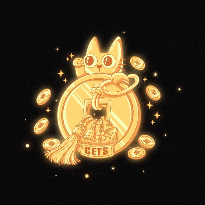 A glowing golden Maneki-neko (lucky cat) peeks over a large coin, holding a tasseled charm inscribed with "$CETS," surrounded by floating coins and sparkles against a dark background—perfectly illustrating the post's "Fortune favors the furry. $CETS" theme of luck and prosperity tied to the $CETS token.