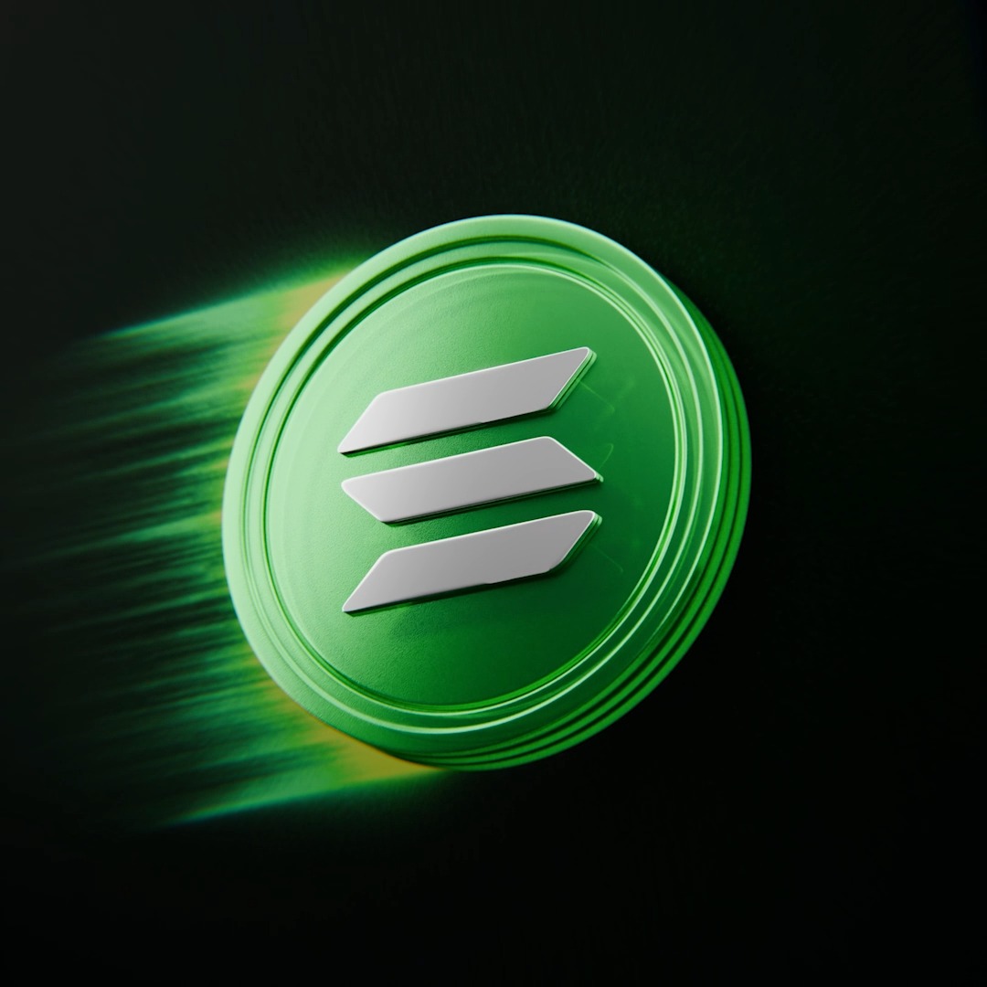 A 3D rendering of a green Solana (SOL) coin with its three-stripe emblem shines against a dark background, visually reinforcing the post's announcement of SOL breaking above $105 and the strong inflows into Solana ETFs.