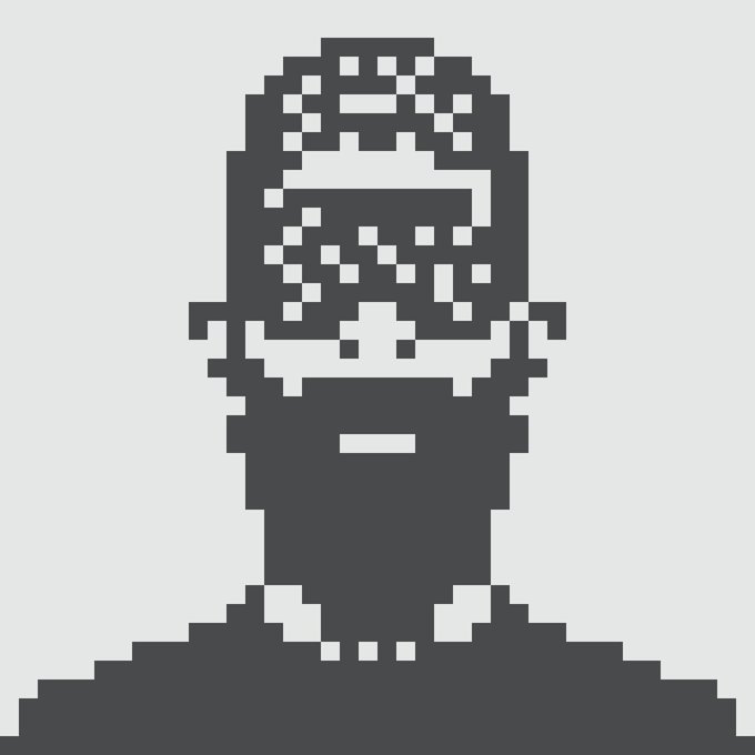 A pixelated dark gray bust depicts a figure with a large head, hollow dotted eyes, and a wide grin-like feature, set against a white background. The crude, low-resolution art style evokes early meme culture and pairs with the post's commentary on Ethereum NFTs, satirizing the often simplistic or generic artwork associated with "normie" NFT collections.